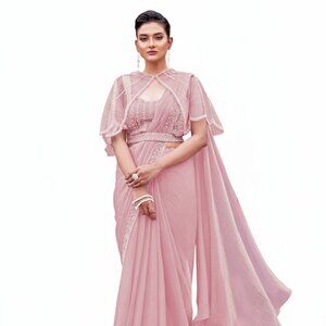Elegant Two-Tone Satin Silk Designer Pink Saree with Sequins and Pearl Work